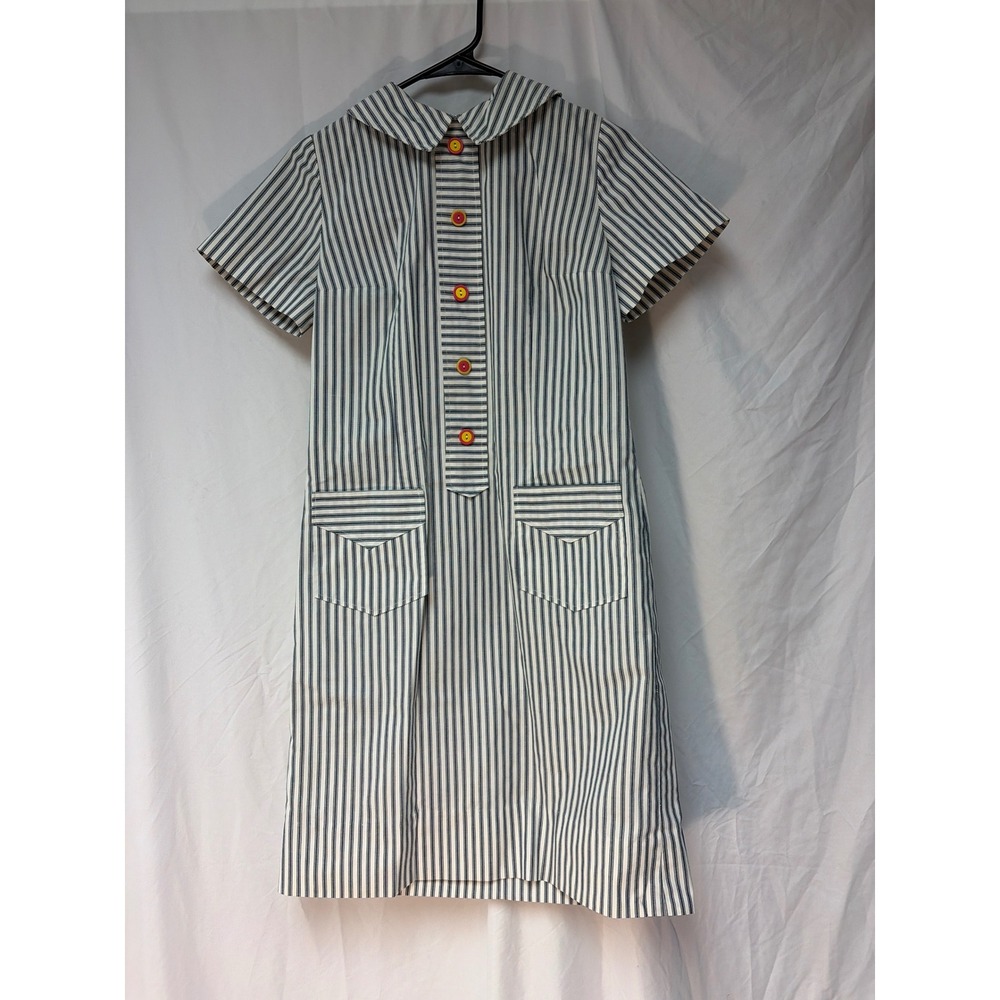 Vintage Blue White Striped Shift Dress Short Sleeve Peter Pan Collar Retro